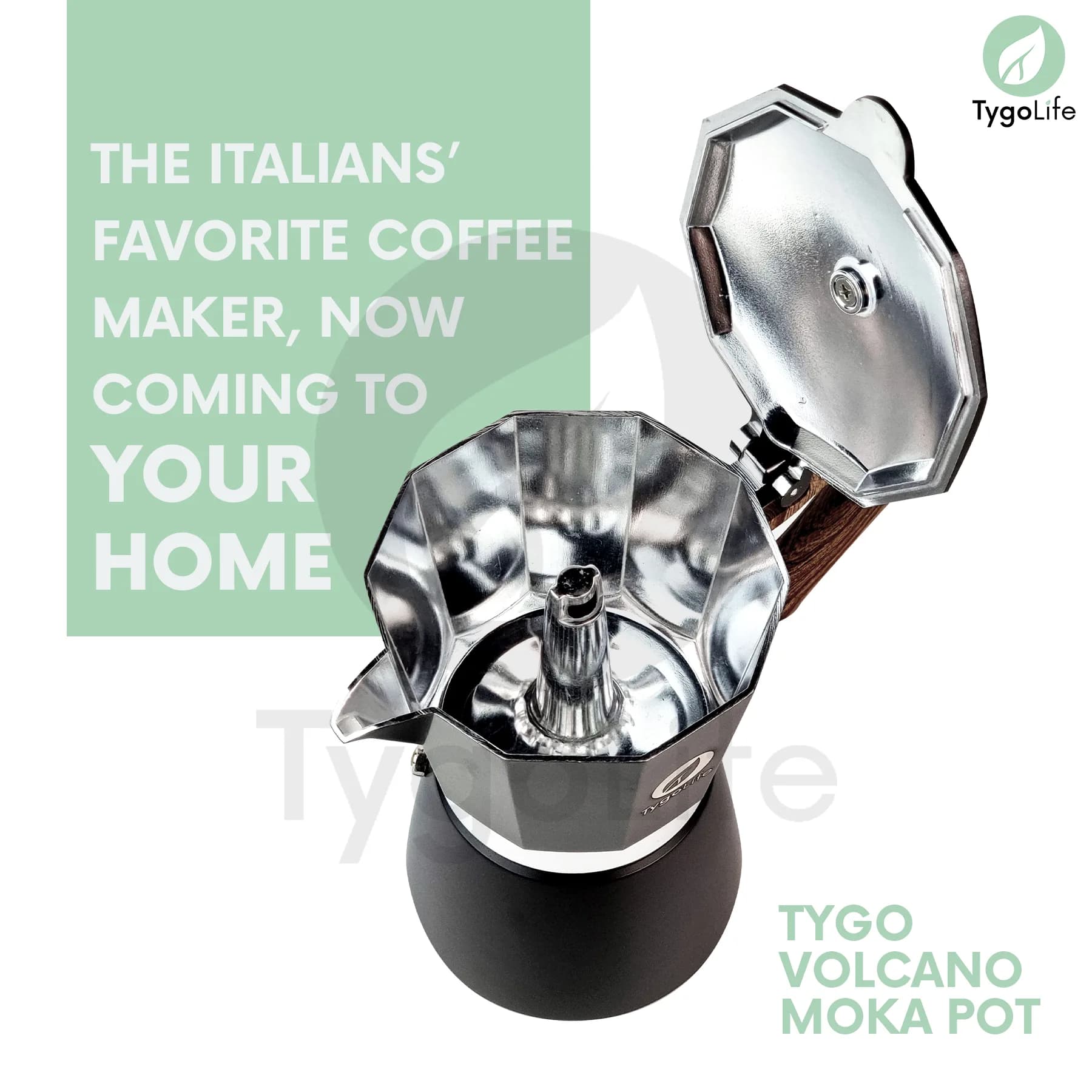 TYGO VOLCANO MOKA POT  6 CUP COFFEE ESPRESSO MAKER 300ML ALUMINIUM KAYU