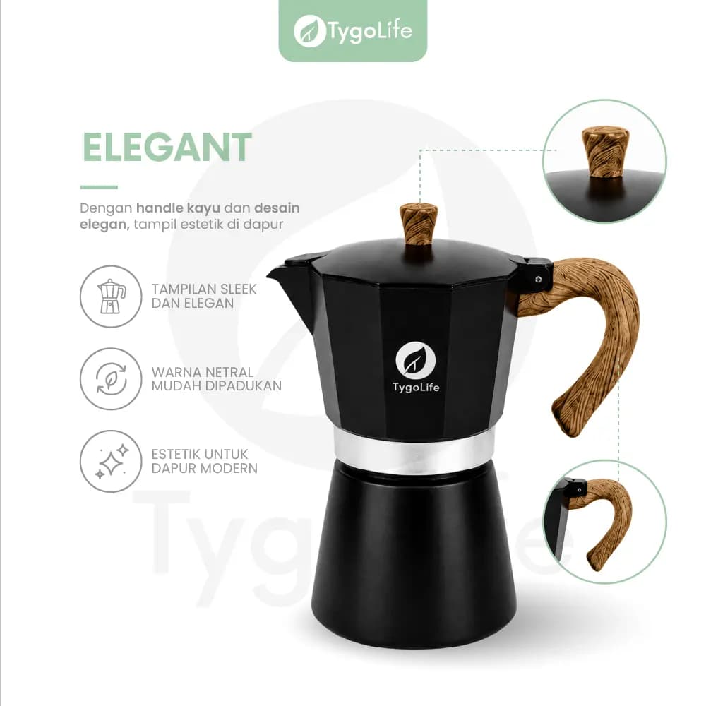 TYGO VOLCANO MOKA POT 6 CUP COFFEE ESPRESSO MAKER 300ML ALUMINIUM KAYU ALAT PEMBUAT KOPI MOKAPOT ITALIA PREMIUM
